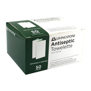 Livingstone Hand Sanitising Antibacterial Towelette, 16 x 20cm, Hypoallergenic, Alcohol Free, Single Packed, 1 Towelette/Pack Pack